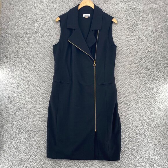 Calvin Klein Dress Womens 10 Black Sheath Collared Gold Zip Moto Mini Sleeveless - Picture 1 of 9
